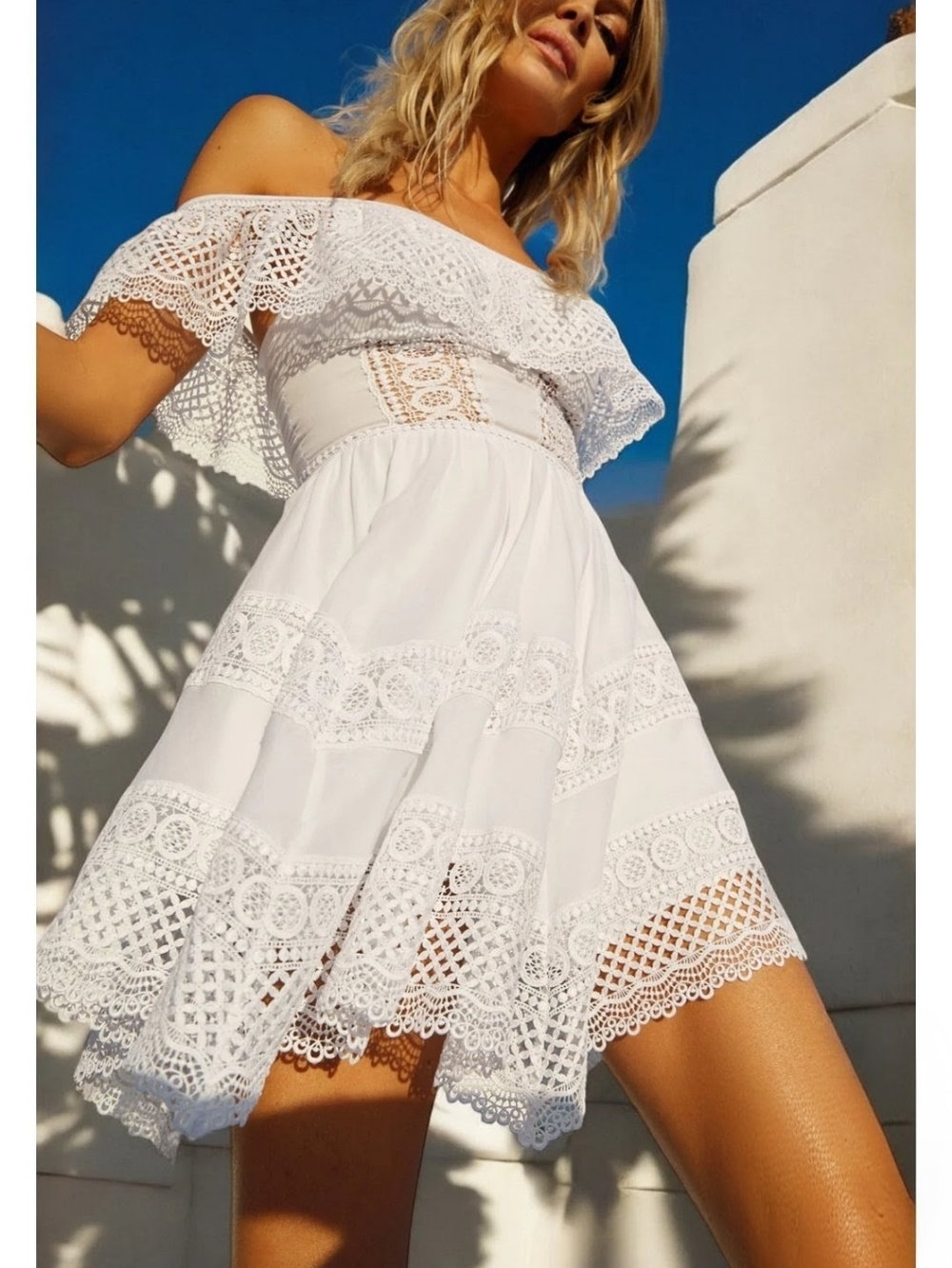 Charo Ruiz Ibiza Vaiana Off-Shoulder White Lace Short Sundress Size M